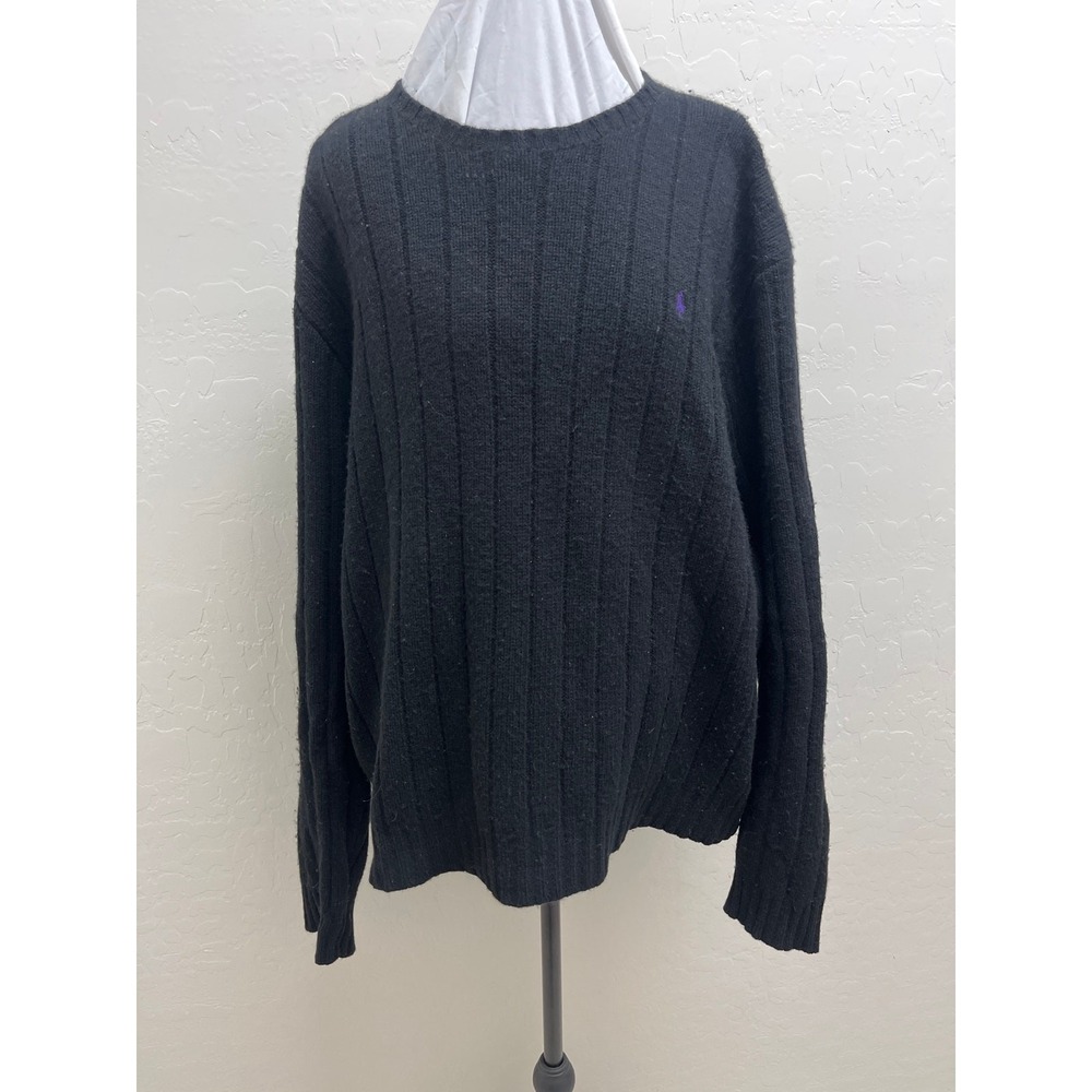 Polo Ralph Lauren Mens XXL Black Lambswool Ribbed Crewneck Sweater Purple Pony